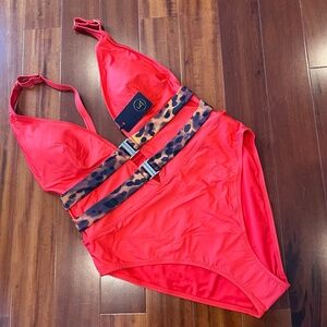 New NWT City Chic Fox & Royal Red Swimsuit One-Piece Swim Animal Print Belt 14